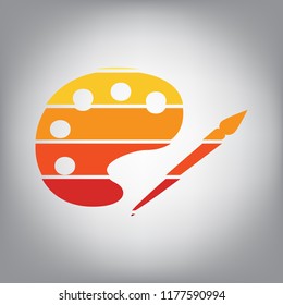 Palette and paint brush sign. Vector. Horizontally sliced icon with colors from sunny gradient in gray background.