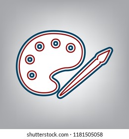 Palette and paint brush sign. Vector. Dark red, transparent and midnight green stroke of white icon at grayish background.