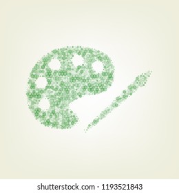 Palette and paint brush sign. Vector. Green hexagon rastered icon and noised opacity and size at light green background with central light.