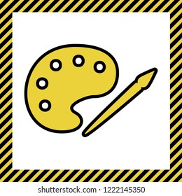 Palette and paint brush sign. Vector. Warm yellow icon with black contour in frame named as under construction at white background. Isolated.