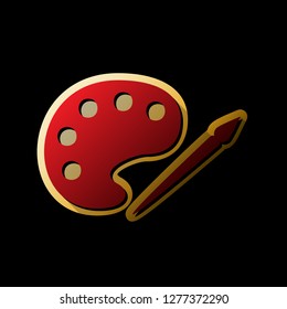 Palette and paint brush sign. Vector. Red icon with small black and limitless shadows at golden sticker on black background.
