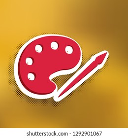 Palette and paint brush sign. Vector. Magenta icon with darker shadow, white sticker and black popart shadow on golden background.