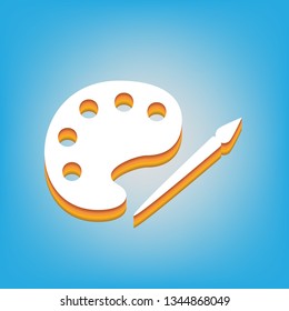 Palette and paint brush sign. Vector. White icon with 3d warm-colored gradient body at sky blue background.