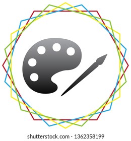 Palette and paint brush sign. Vector. Black icon with patch of light inside colorful hexagonal frames at white background.