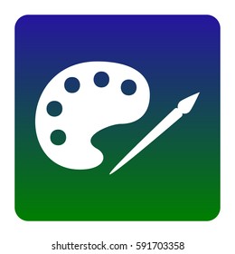 Palette and paint brush sign. Vector. White icon at green-blue gradient square with rounded corners on white background. Isolated.
