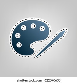 Palette and paint brush sign. Vector. Blue icon with outline for cutting out at gray background.
