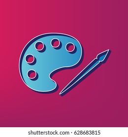 Palette and paint brush sign. Vector. Blue 3d printed icon on magenta background.