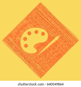 Palette and paint brush sign. Vector. Red scribble icon obtained as a result of subtraction rhomb and path. Royal yellow background.