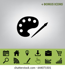 Palette and paint brush sign. Vector. Black icon at gray background with bonus icons at celery ones