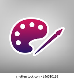 Palette and paint brush sign. Vector. Purple gradient icon on white paper at gray background.
