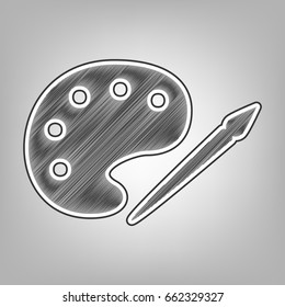 Palette and paint brush sign. Vector. Pencil sketch imitation. Dark gray scribble icon with dark gray outer contour at gray background.