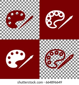 Palette and paint brush sign. Vector. Bordo and white icons and line icons on chess board with transparent background.