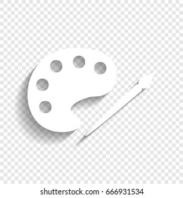 Palette and paint brush sign. Vector. White icon with soft shadow on transparent background.