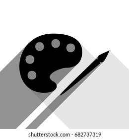 Palette and paint brush sign. Vector. Black icon with two flat gray shadows on white background.