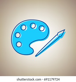 Palette and paint brush sign. Vector. Sky blue icon with defected blue contour on beige background.