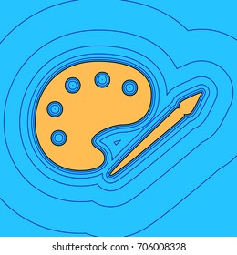 Palette and paint brush sign. Vector. Sand color icon with black contour and equidistant blue contours like field at sky blue background. Like waves on map - island in ocean or sea.