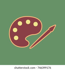 Palette and paint brush sign. Vector. Cordovan icon and mellow apricot halo with light khaki filled space at russian green background.