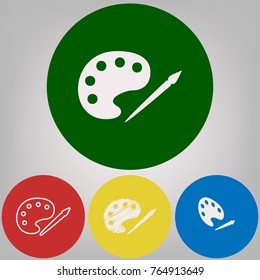 Palette and paint brush sign. Vector. 4 white styles of icon at 4 colored circles on light gray background.