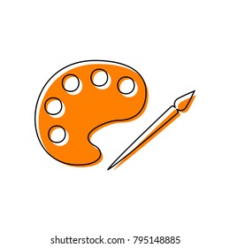 Palette and paint brush sign. Vector. Black line icon with shifted flat orange filled icon on white background. Isolated.