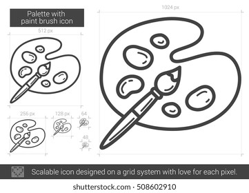 Palette with paint brush vector line icon isolated on white background. Palette with paint brush line icon for infographic, website or app. Scalable icon designed on a grid system.