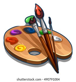 A palette with paint and brushes isolated on white background. Vector illustration.
