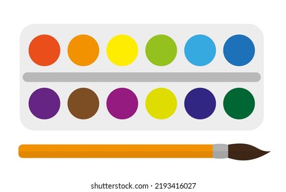 Palette paint paintbrush creative develop flat set. Children art therapy toy active game bright color draw gouache watercolor palette creative kid development. Object school preschool hobby isolated