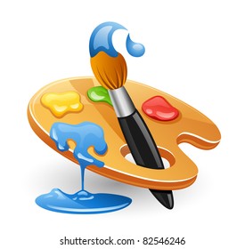 Palette and paintbrush. Isolated on white background.