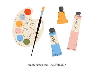 Palette with paints, acrylic colours tube, brush in paint for artist. Watercolour palette, paintbrush. Tools for drawing. Children's cute stationery subjects. Back to school, college, education, study