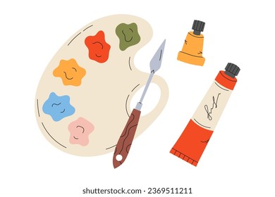 Palette with paints, acrylic colours tube, metal palette knives. Watercolour palette, knives. Tools for drawing. Children's cute stationery subjects. Back to school, college, education, study. Vector