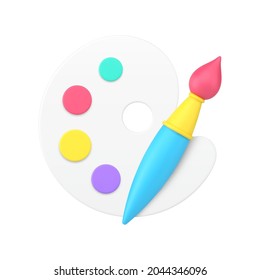 Palette with paints and brush 3d icon. Colorful creative tools for landscapes and vivid sketching. Bright paints for painting. Main tool of creative person. Realistic isolated vector