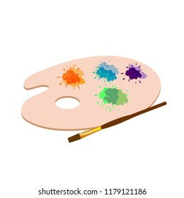 Palette with paints and brush isolated on white background