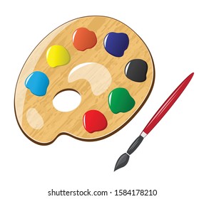 Palette with paints and brush isolated on white background. 