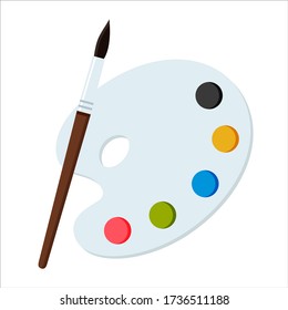 Palette with paints and brush isolated on a white background. Flat. Vector illustration