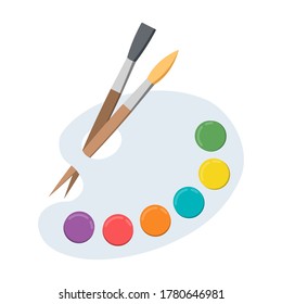 Palette with paints and brush isolated on white background