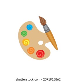 Palette with paints, brush and pencils.