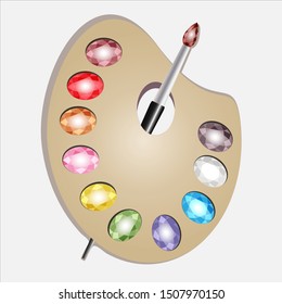 Palette of paints with a brush. palette of precious stones. Vector art