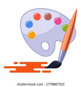 paleta con pinturas y un pincel. para dibujar una imagen en papel. ilustración vectorial plana aislada en fondo blanco.