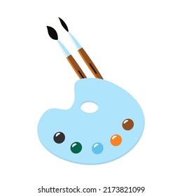 Palette with paints and brushes isolated on white background