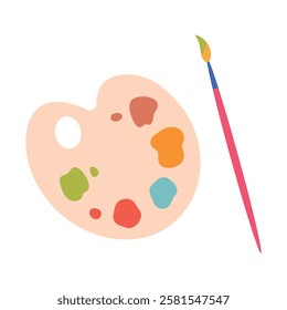 Palette with paints of different colors and a brush. Top view of a palette with paints. Isolated vector illustration in flat style.