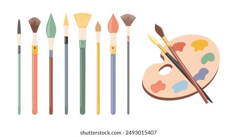 Palette with paints of different colors and a set of brushes. Art supplies, accessories for creativity and hobbies. Poster, illustration