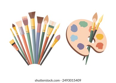 Palette with paints of different colors and a set of brushes. Art supplies, accessories for creativity and hobbies. Poster, illustration