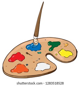 Palette with paints hand drawn. Vector illustration palette with paints and brush. Paint brush with a palette of paints icon.