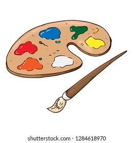 Palette with paints hand drawn. Vector illustration palette with paints and brush. 