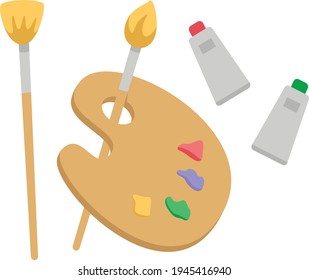 A palette with paints and paintbrushes