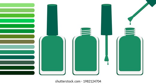 Palette with shades of green. And three bottles of blue lacquer open and closed