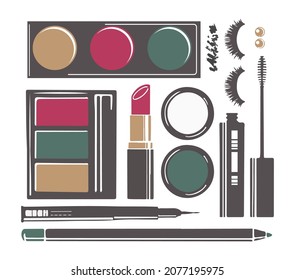 Palette with shadows for highlighting, lipstick and mascara for extending eyelashes, eyeliner for eyes. Cosmetics and products for self care, branding sample and treatment. Vector in flat style
