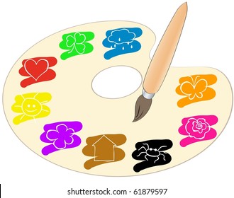 a palette with spots of paint highlighting simple pictures