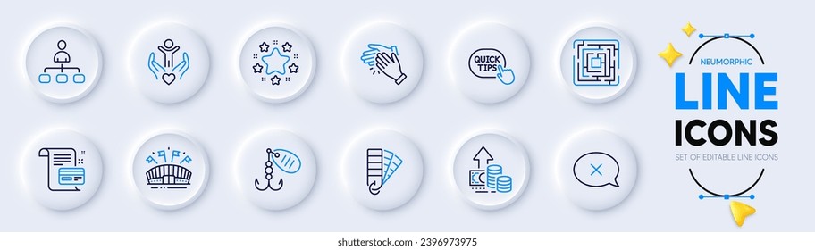 Palette, Stars and Clapping hands line icons for web app. Pack of Fishing lure, Volunteer, Payment card pictogram icons. Reject, Maze, Inflation signs. Sports arena, Management, Quick tips. Vector