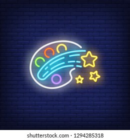 Palette and stars neon sign. Painting, magic and creativity design. Night bright neon sign, colorful billboard, light banner. Vector illustration in neon style.