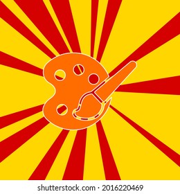 Palette symbol on a background of red flash explosion radial lines. The large orange symbol is located in the center of the sun, symbolizing the sunrise. Vector illustration on yellow background